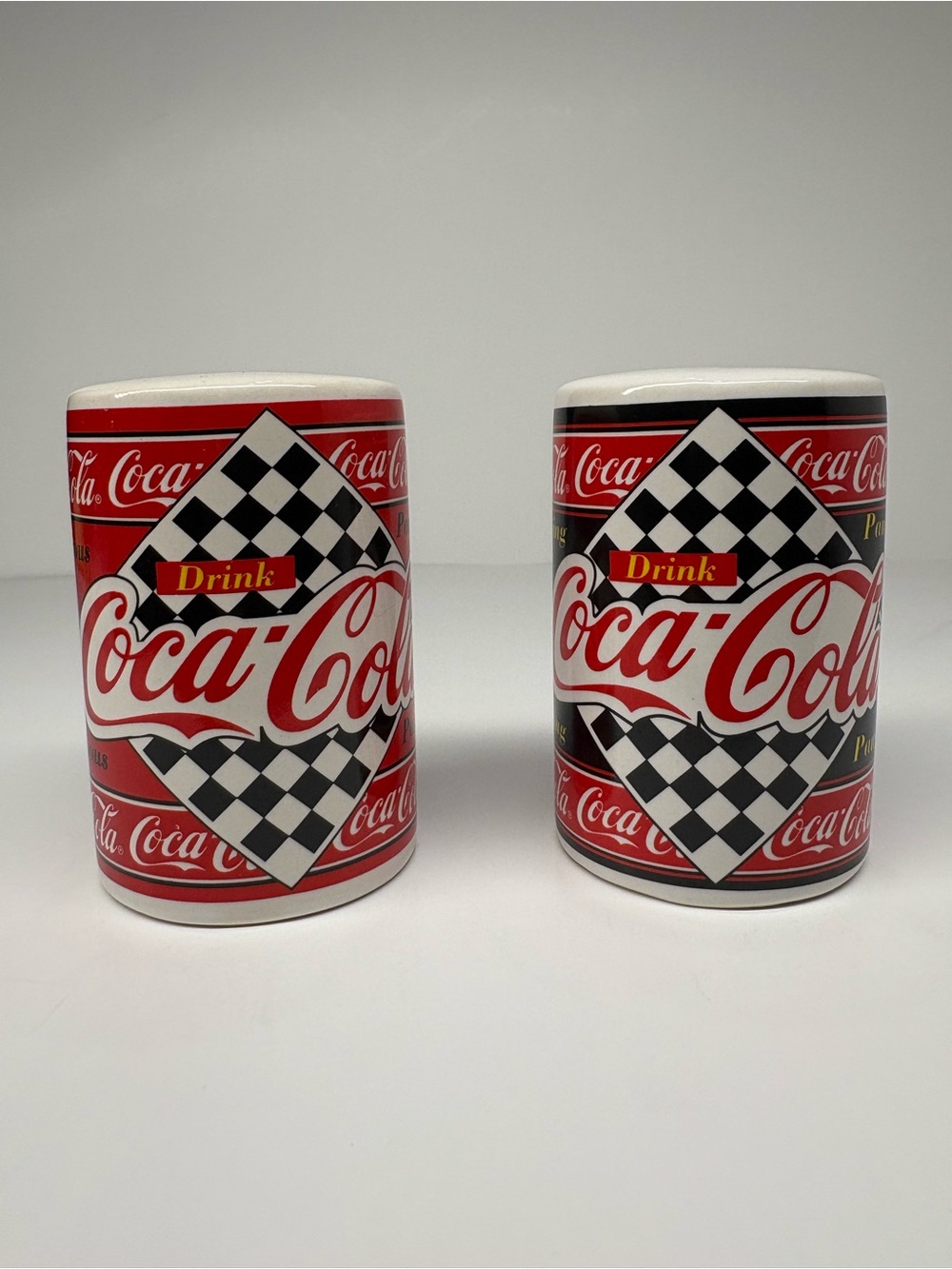Coca Cola Red & Black Checkerboard Ceramic Can Salt and Pepper Set